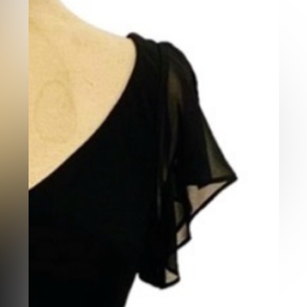 SL FASHIONS💓SZ M💓BLACK FLUTTERED SLEEVE CHIFFON DRESS W ROSE TRIM OPEN BACK - Picture 7 of 16